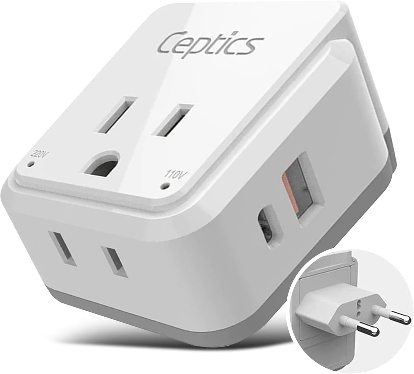 Europe Plug Adapter – 20W PD & QC Fast Charger with Dual USB + USB‑C (3.1A), 2 USA Outlets, Compact Travel Adapter with Type‑C Swadapt Attachment