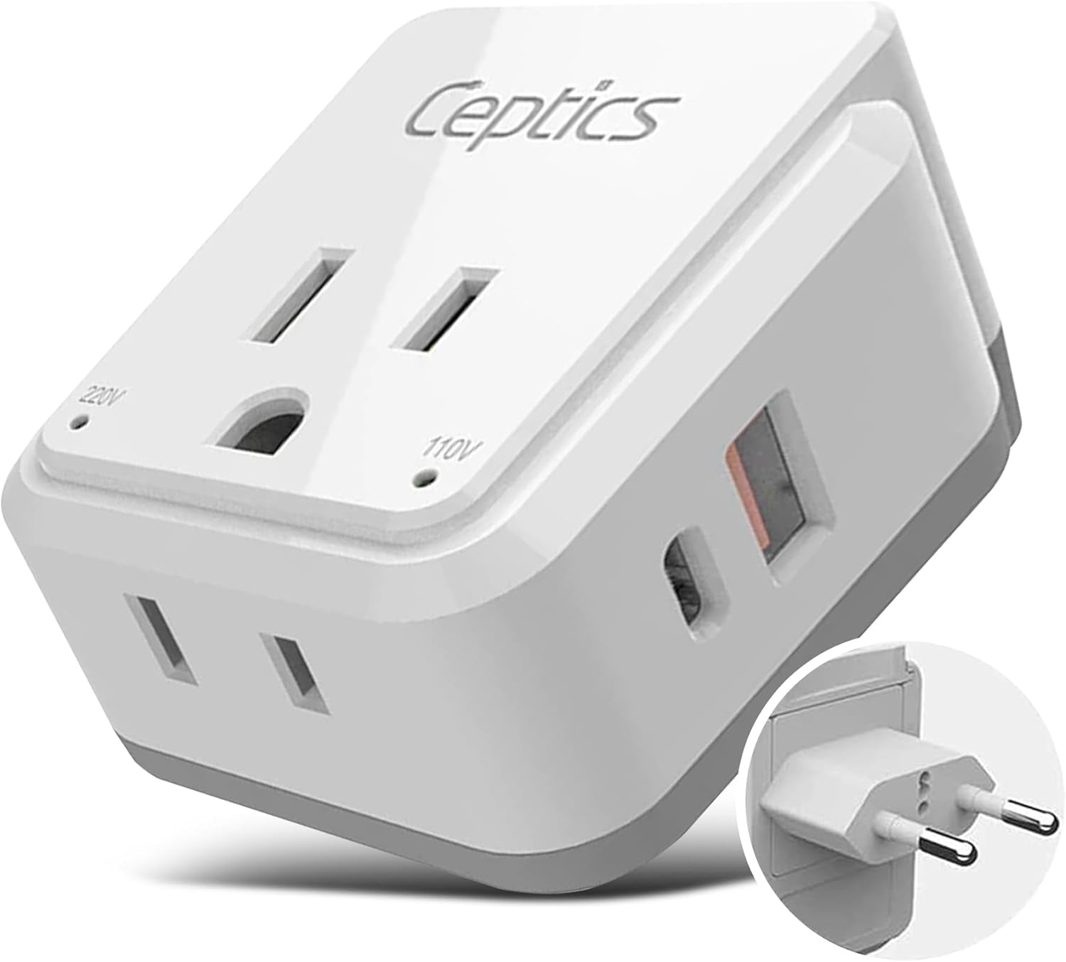 Europe Plug Adapter – 20W PD & QC Fast Charger with Dual USB + USB‑C (3.1A), 2 USA Outlets, Compact Travel Adapter with Type‑C Swadapt Attachment