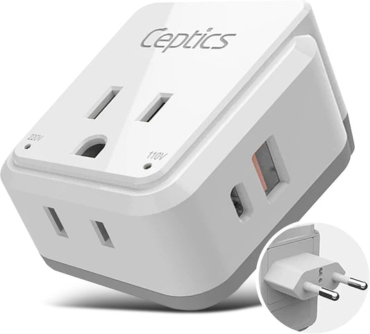 Europe Plug Adapter – 20W PD & QC Fast Charger with Dual USB + USB‑C (3.1A), 2 USA Outlets, Compact Travel Adapter with Type‑C Swadapt Attachment