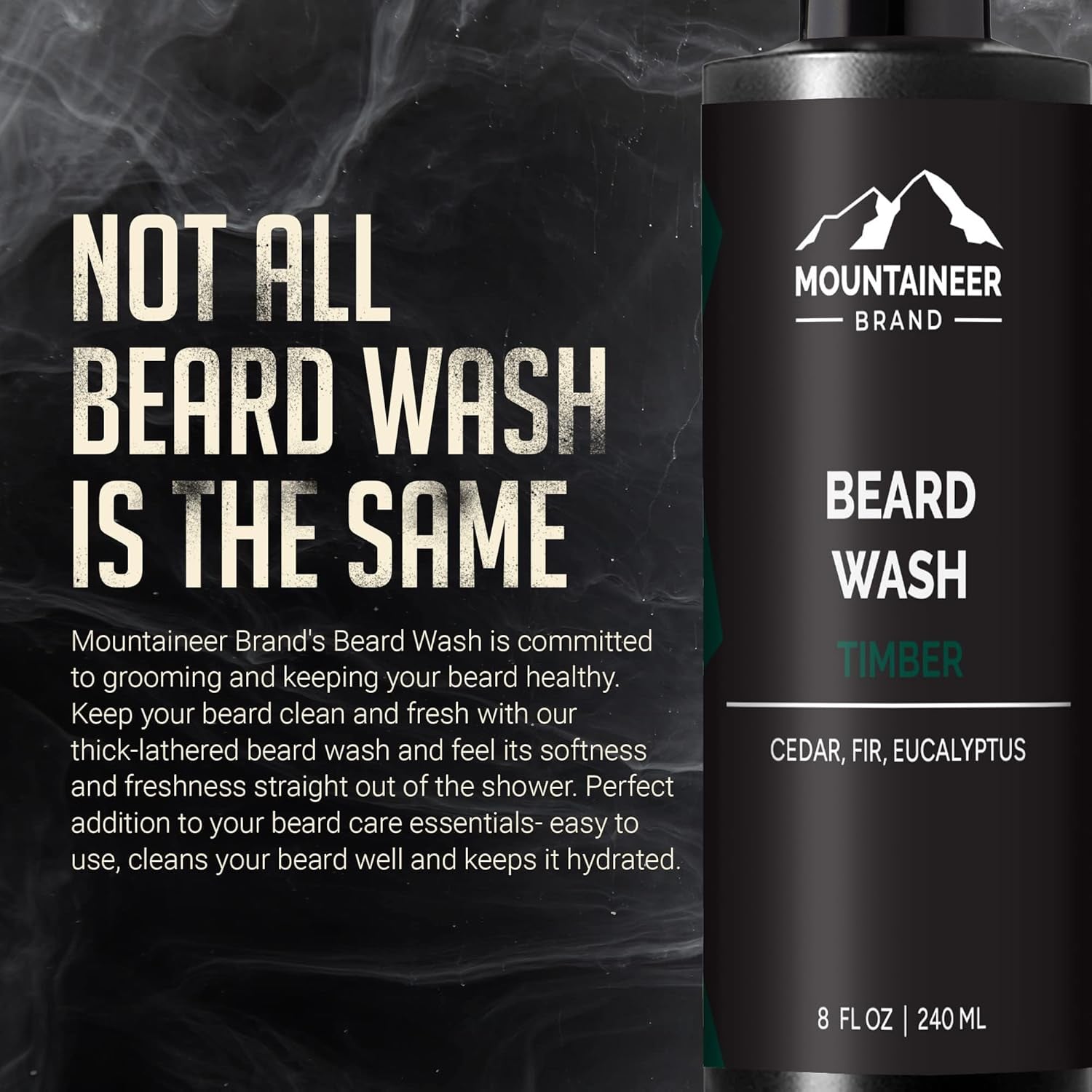 Beard Wash for Men – 100% Natural Beard Shampoo with Thick Softening Lather, Hydrating & Detangling Grooming Treatment for Hair & Skin, Timber Scent (8oz)