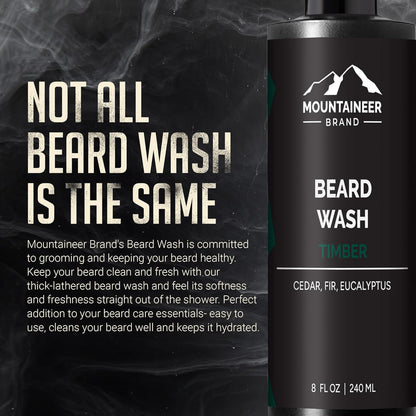 Beard Wash for Men – 100% Natural Beard Shampoo with Thick Softening Lather, Hydrating & Detangling Grooming Treatment for Hair & Skin, Timber Scent (8oz)