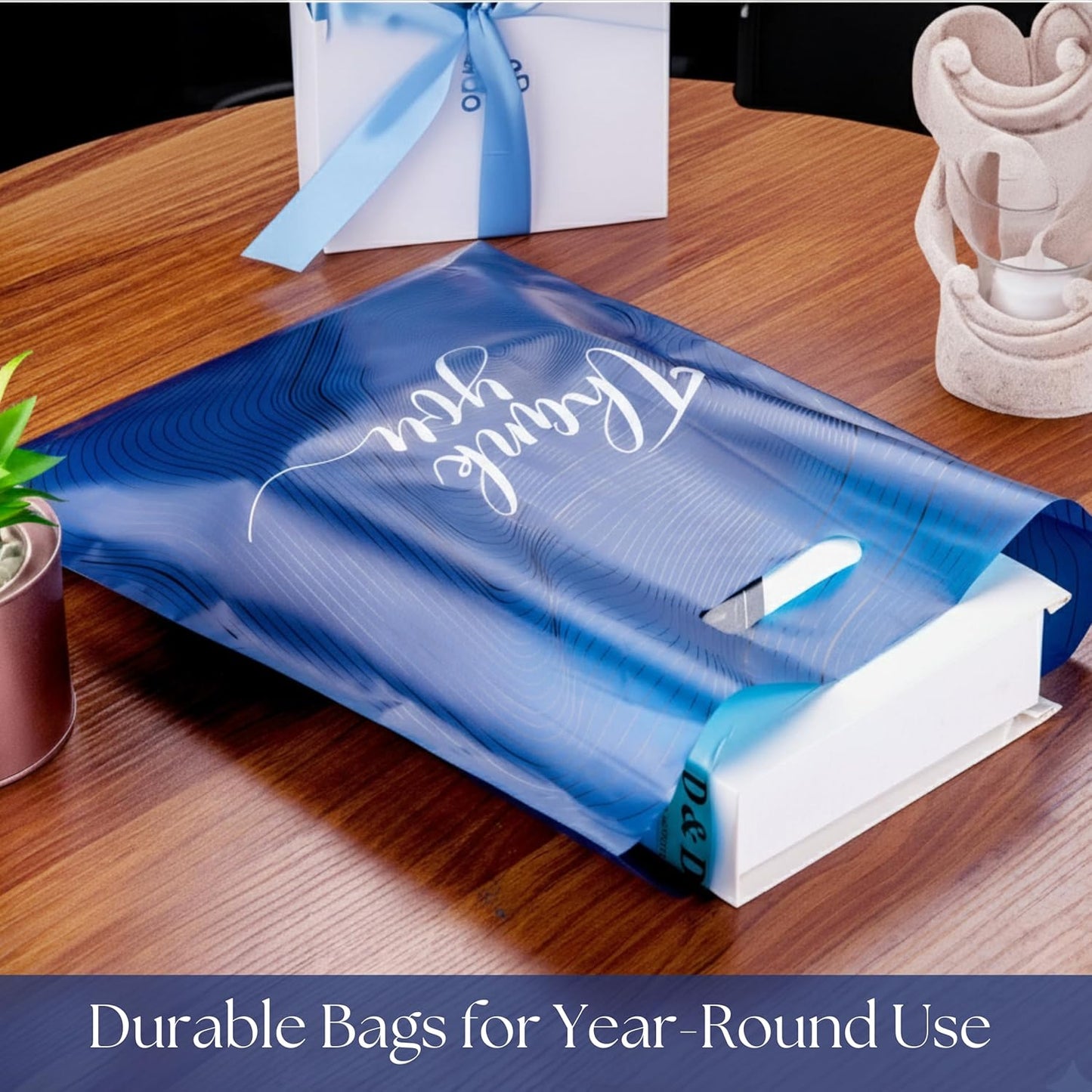 100‑Pack Navy Blue “Thank You” Merchandise Bags – 12x15" Heavy‑Duty 2.36 Mil Plastic Retail Bags with Die‑Cut Handles & Elegant Silver Print