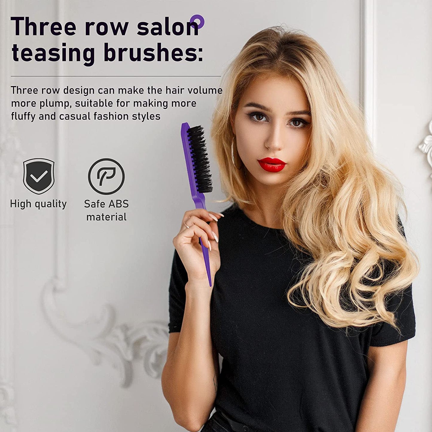 12‑Piece Nylon Hair Brush & Styling Set – 3‑Row Teasing Brushes, Double‑Sided Edge Brush, Rat Tail Combs & Duckbill Clips for Women & Girls (Purple)