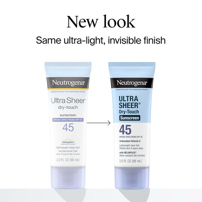 Ultra Sheer Dry‑Touch Sunscreen SPF 45 – Lightweight, Non‑Greasy Broad‑Spectrum UVA/UVB Protection, Water‑Resistant Travel Size Sunblock for Face & Body, 2‑Pack (3oz Each)