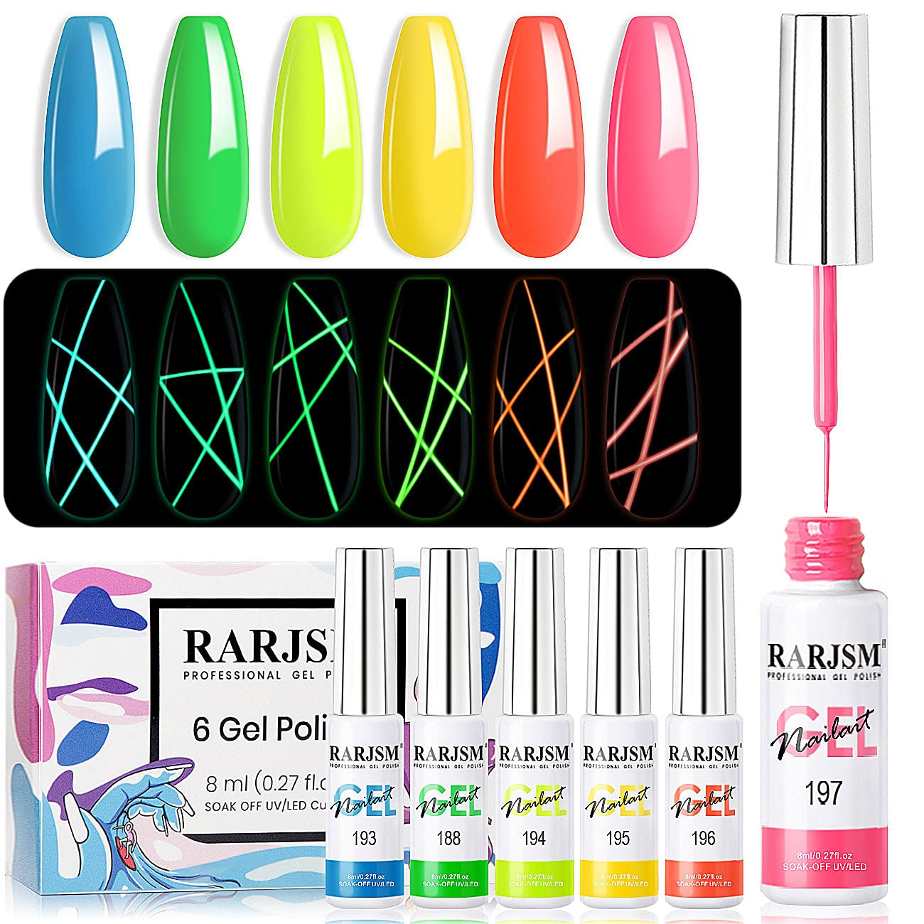 3‑in‑1 Glow‑in‑the‑Dark Gel Liner Nail Polish Set – Neon Daylight, Glow Night, Fine Art Brush (6‑Piece)