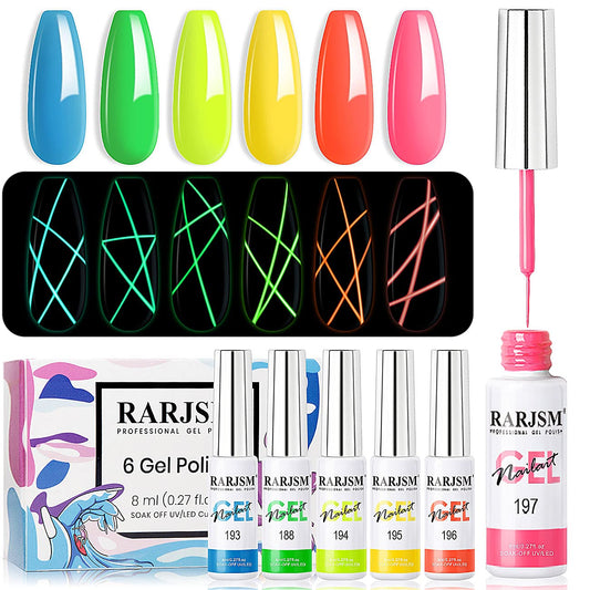 3‑in‑1 Glow‑in‑the‑Dark Gel Liner Nail Polish Set – Neon Daylight, Glow Night, Fine Art Brush (6‑Piece)
