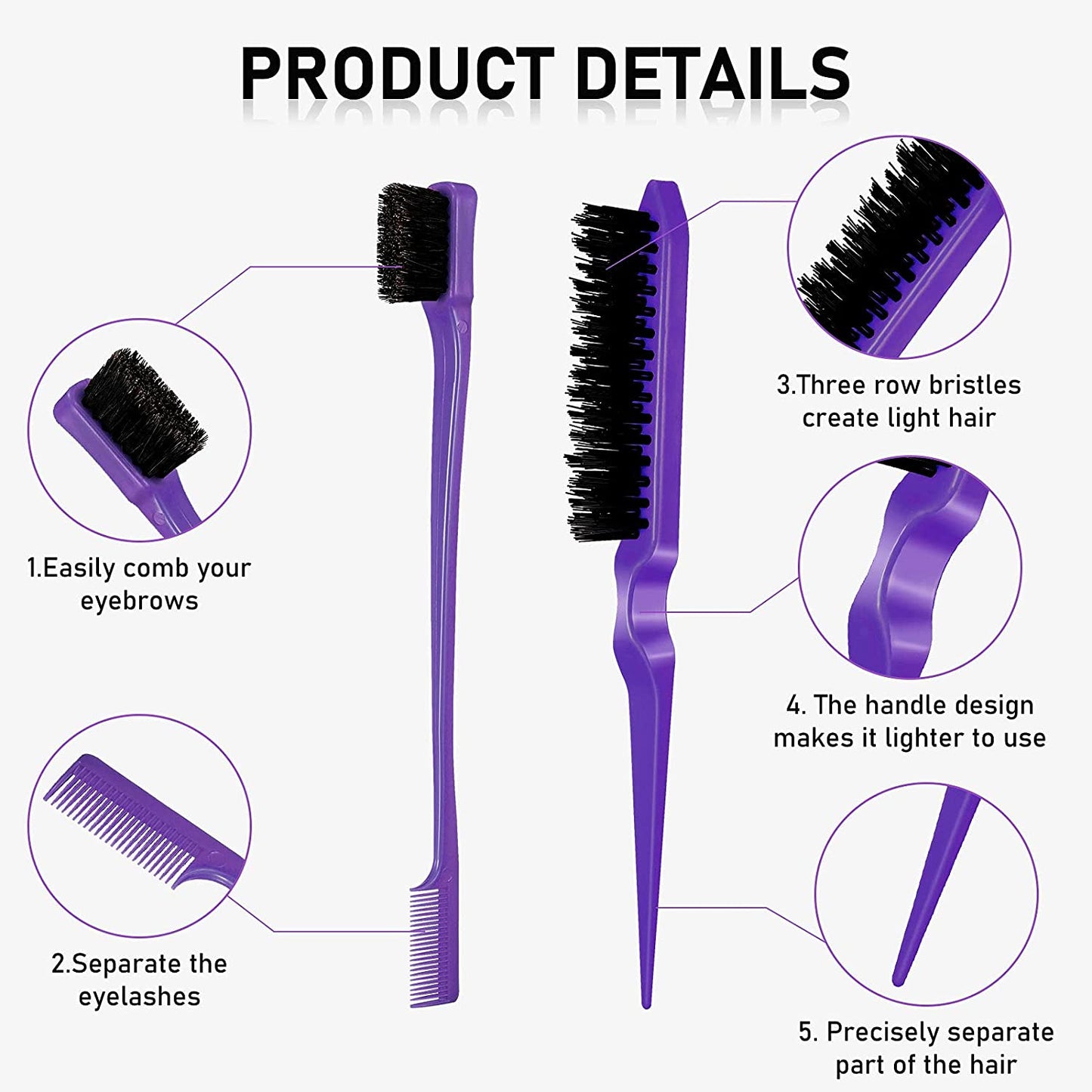 12‑Piece Nylon Hair Brush & Styling Set – 3‑Row Teasing Brushes, Double‑Sided Edge Brush, Rat Tail Combs & Duckbill Clips for Women & Girls (Purple)