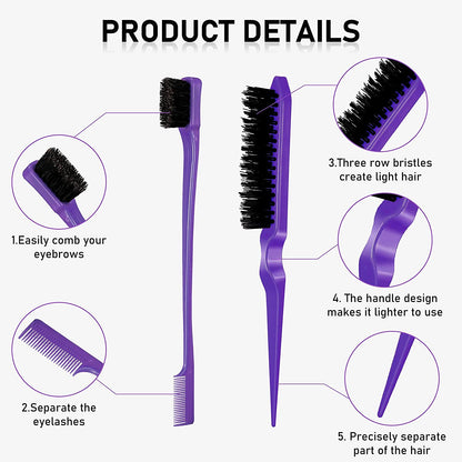 12‑Piece Nylon Hair Brush & Styling Set – 3‑Row Teasing Brushes, Double‑Sided Edge Brush, Rat Tail Combs & Duckbill Clips for Women & Girls (Purple)