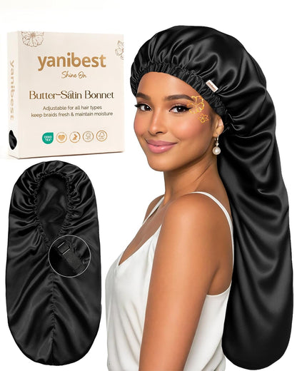 Premium Satin Bonnet with Adjustable Drawstring – Long Silky Sleep Cap for Curly, Wavy, Natural Hair  No‑Slip, Soft Elastic, Moisture‑Locking Night Bonnet