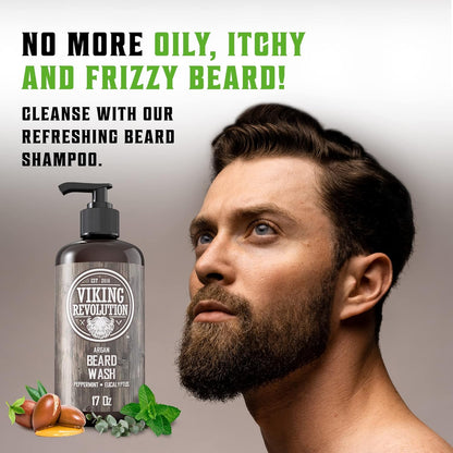 Viking Revolution Beard Shampoo & Conditioner Kit – Hydrating Beard Wash Set with Natural Beard Oil for Growth, Softness & Dandruff Relief
