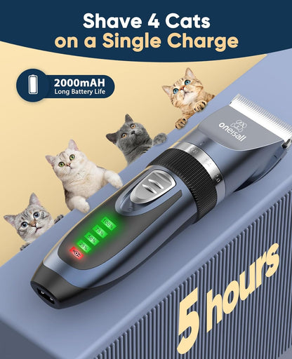 Quiet Cat Clippers for Matted & Long Hair – 2‑Speed Cordless Pet Grooming Kit for Cats, Small Dogs & Animals (Blue)
