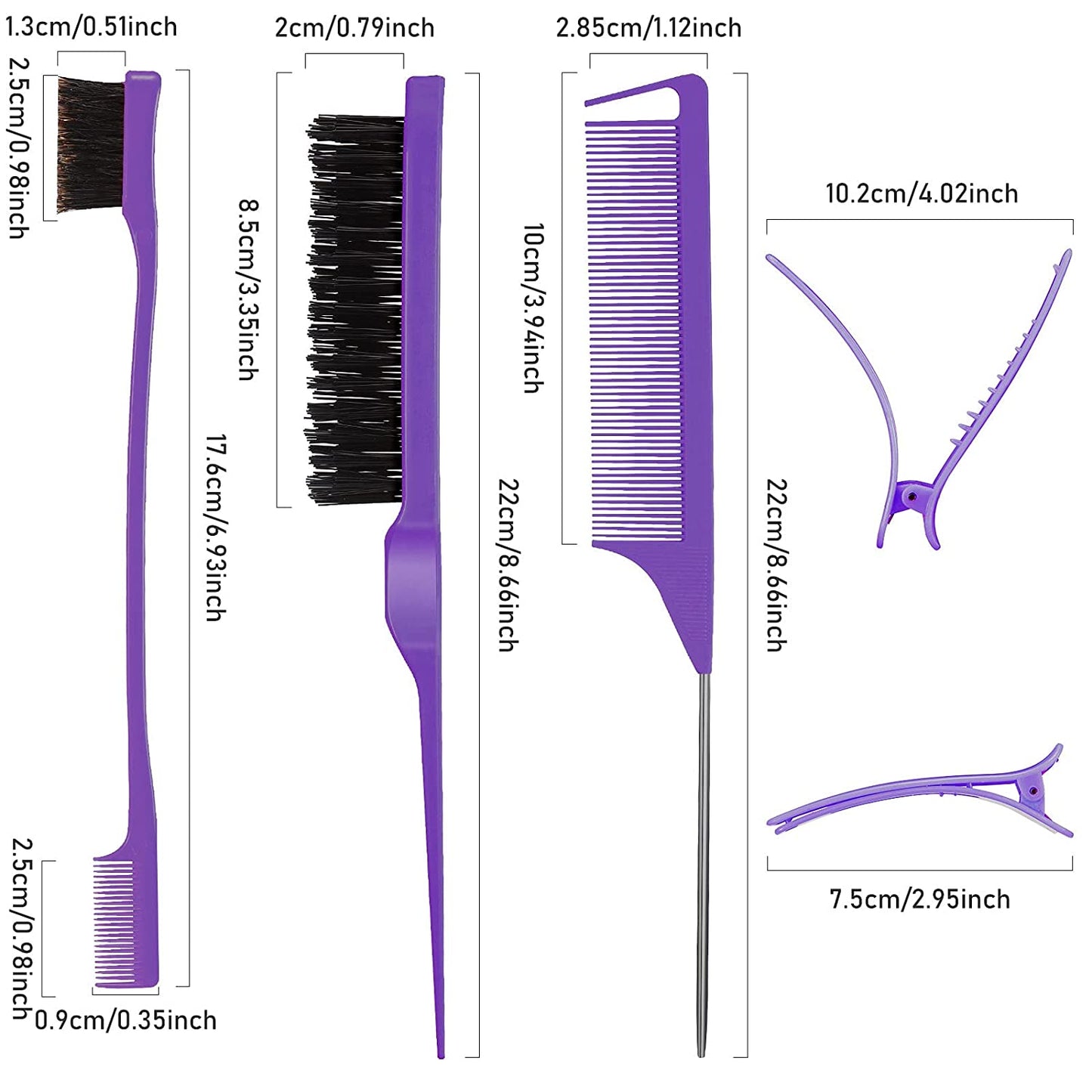 12‑Piece Nylon Hair Brush & Styling Set – 3‑Row Teasing Brushes, Double‑Sided Edge Brush, Rat Tail Combs & Duckbill Clips for Women & Girls (Purple)