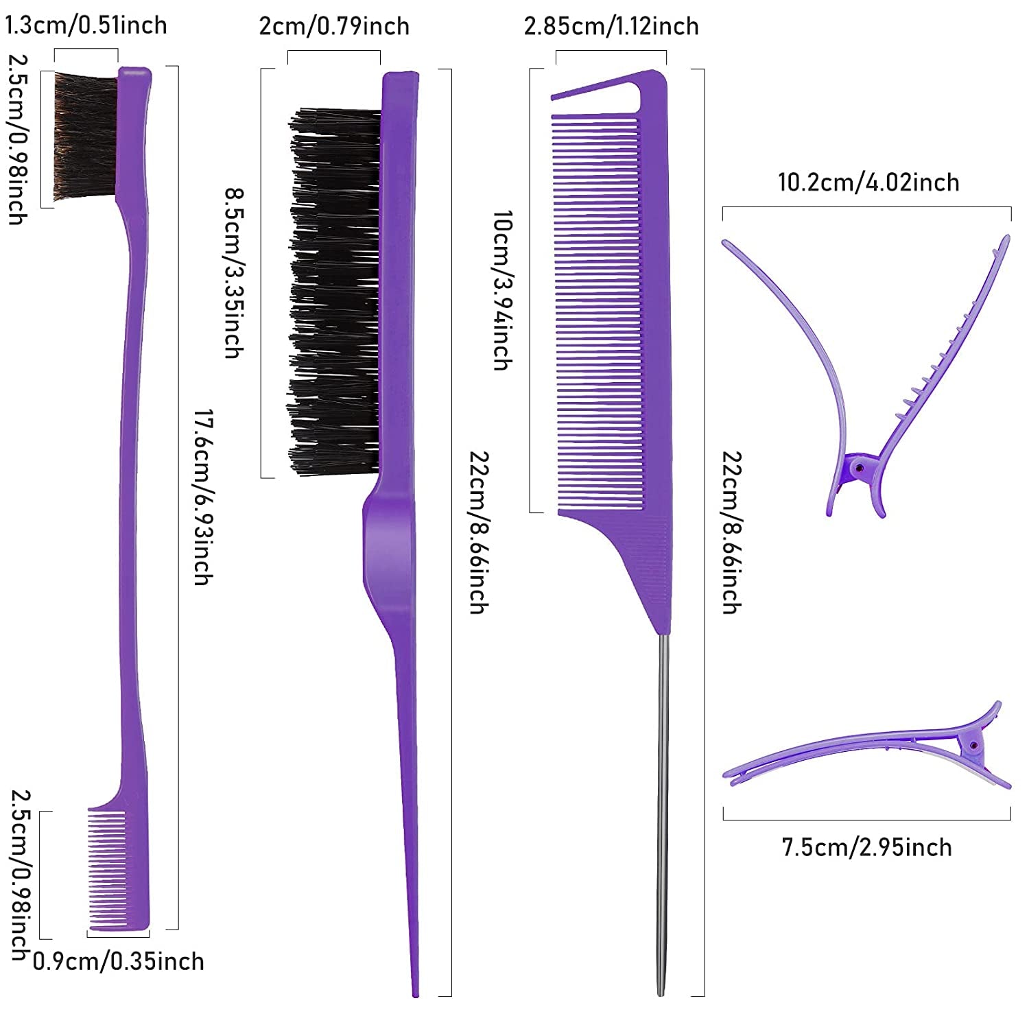 12‑Piece Nylon Hair Brush & Styling Set – 3‑Row Teasing Brushes, Double‑Sided Edge Brush, Rat Tail Combs & Duckbill Clips for Women & Girls (Purple)