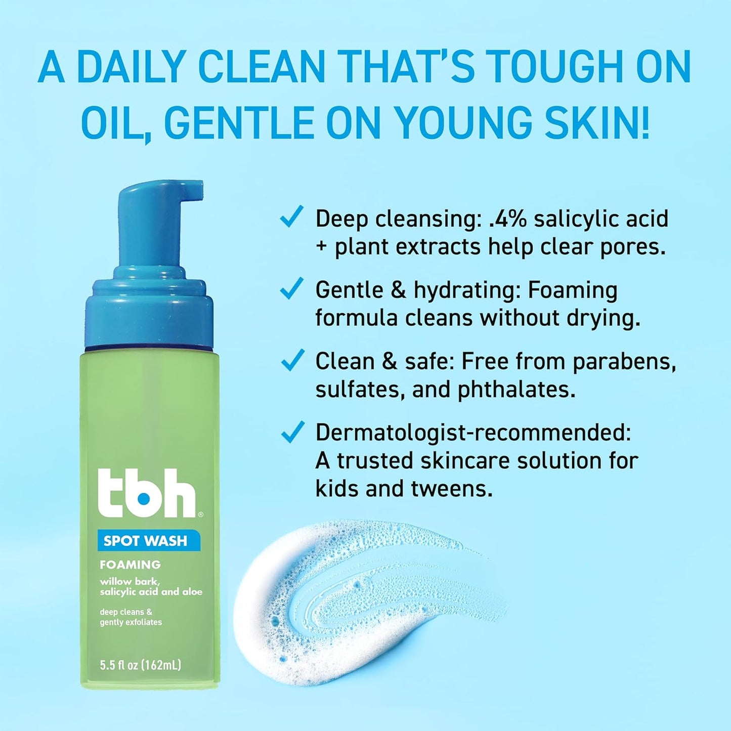 TBH Kids & Tween Foaming Face Wash – Gentle Salicylic Acid Cleanser for Breakout Control, Oil Balance & Sensitive Skin