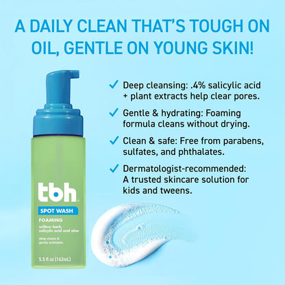 TBH Kids & Tween Foaming Face Wash – Gentle Salicylic Acid Cleanser for Breakout Control, Oil Balance & Sensitive Skin