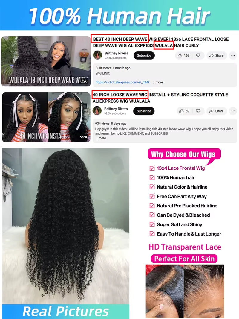 250% Density Deep Wave Human Hair Wig – 13x4 & 13x6 HD Lace Frontal, 360 HD Curly Water Wave Wig for Women, Pre‑Plucked 100% Human Hair Lace Front