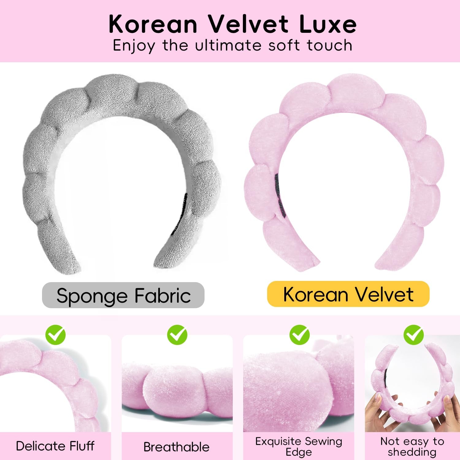 Spa Headband & Wristband Set for Washing Face – Soft Puffy Velvet Skincare Headband with Cute Hair Clips for Women & Girls, Makeup and Beauty Routine Accessory (Pink)