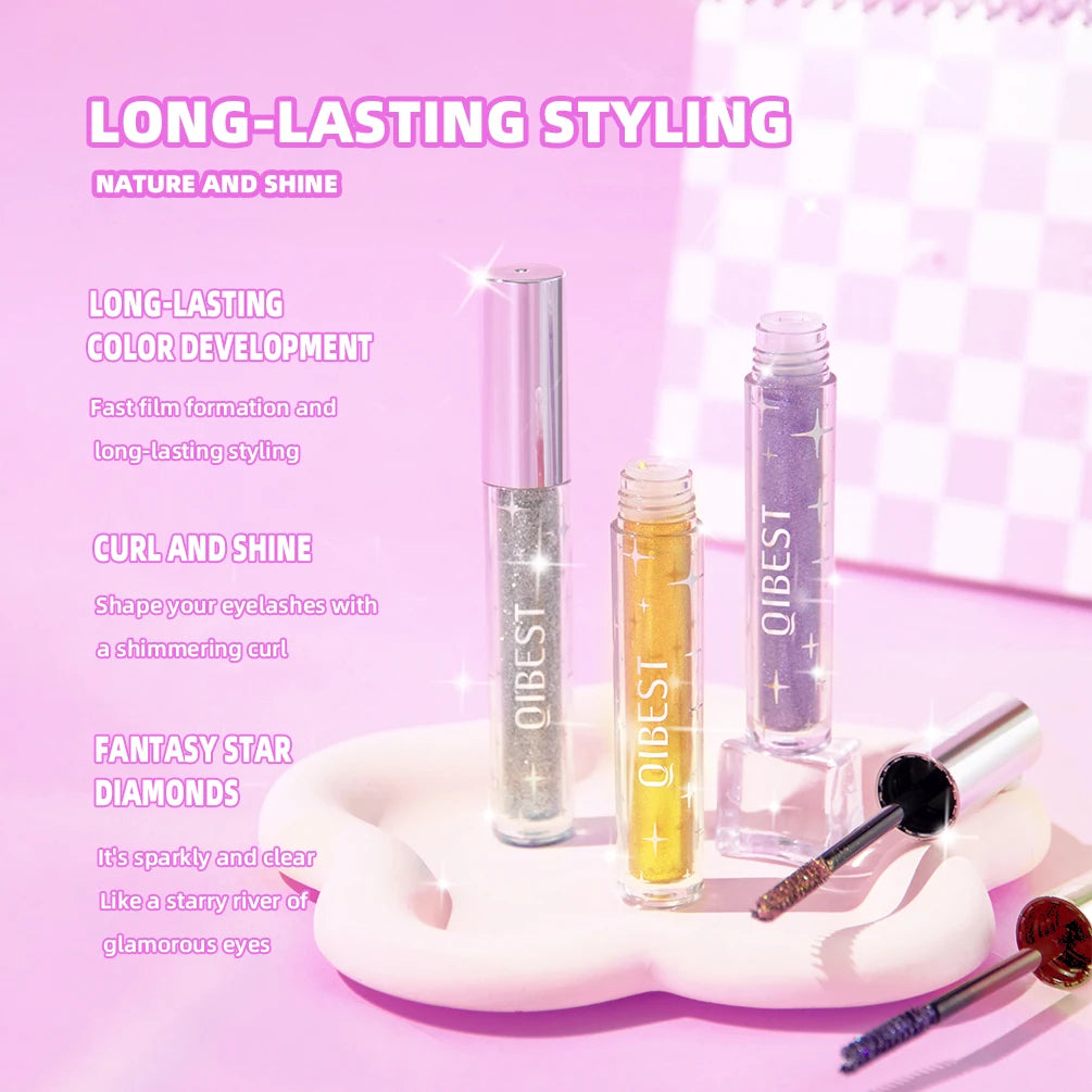 Qibest Glitter Mascara – Diamond Shine, Long‑Lasting Curl, Smudge‑Free, Easy Removal, 3 Sparkling Colors (Model Q2397)