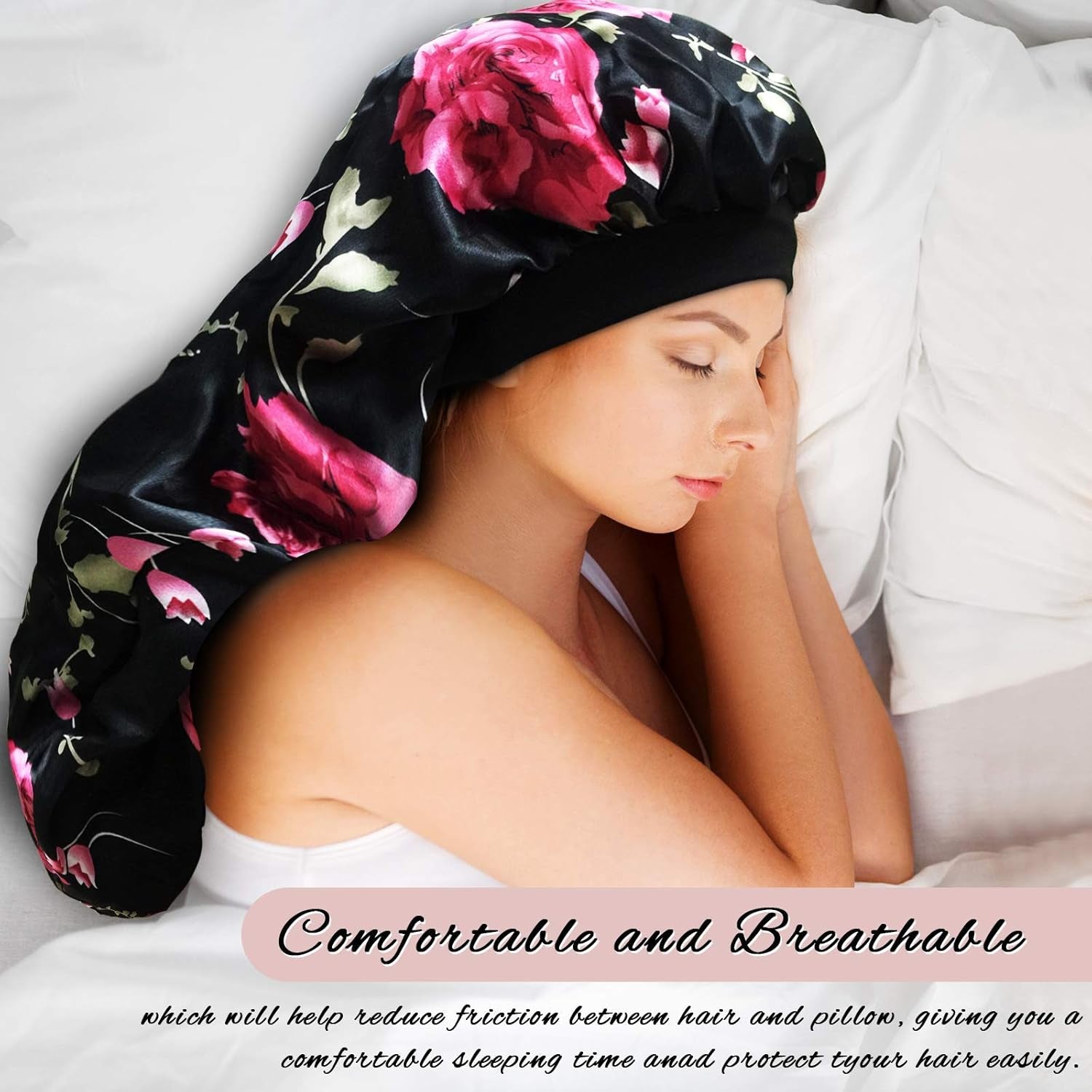 2‑Pack Extra‑Large Satin Sleep Caps – 27" Long Bonnets for Braids, Locs, Curly & Natural Hair Soft No‑Slip Silky Bonnet Set for Women & Men