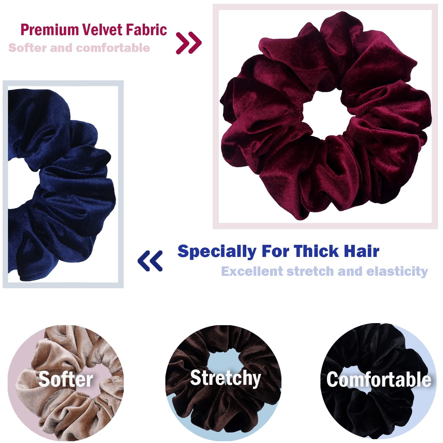 Extra‑Large Velvet Scrunchies for Thick Hair – Soft Premium Jumbo 6‑Inch XL Hair Ties, Big Stretchy Elastic Bands, 4‑Pack (Dark Colors)