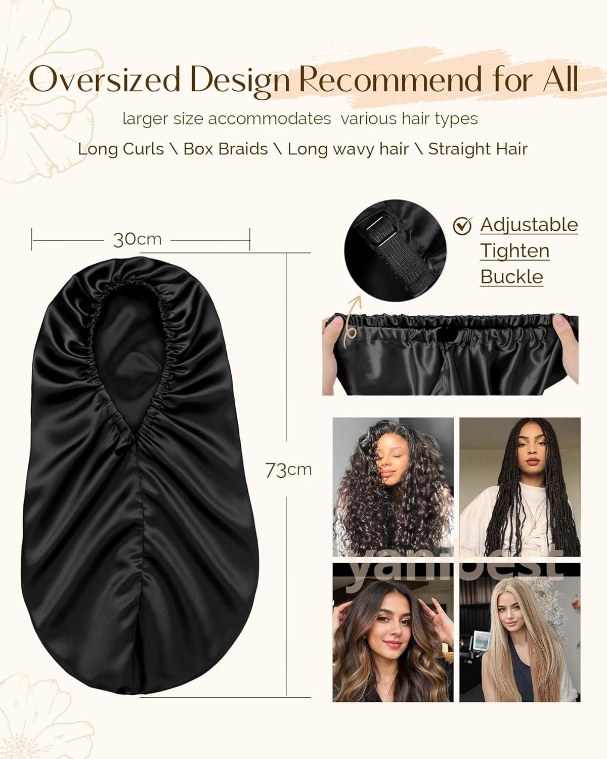 Premium Satin Bonnet with Adjustable Drawstring – Long Silky Sleep Cap for Curly, Wavy, Natural Hair  No‑Slip, Soft Elastic, Moisture‑Locking Night Bonnet