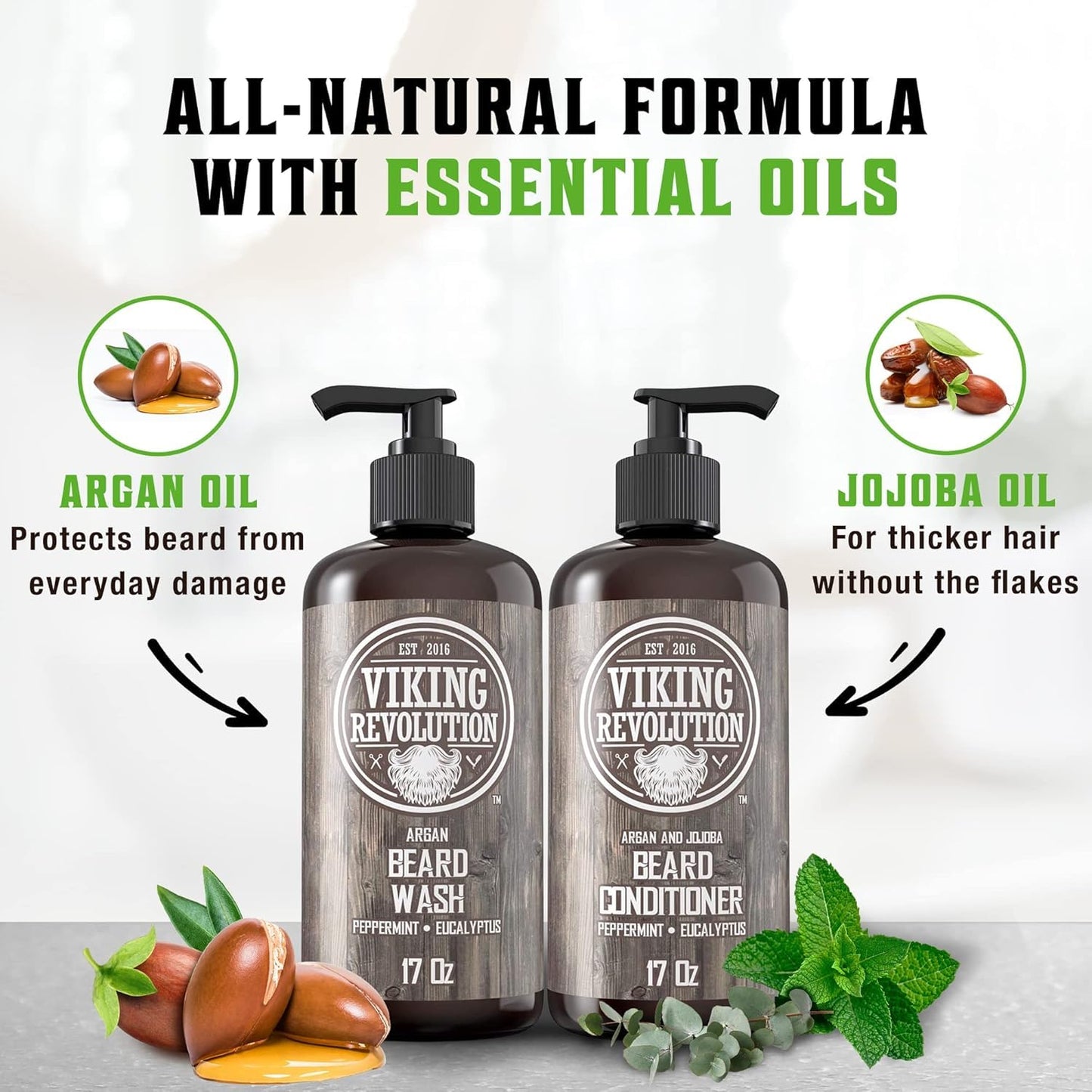 Viking Revolution Beard Shampoo & Conditioner Kit – Hydrating Beard Wash Set with Natural Beard Oil for Growth, Softness & Dandruff Relief