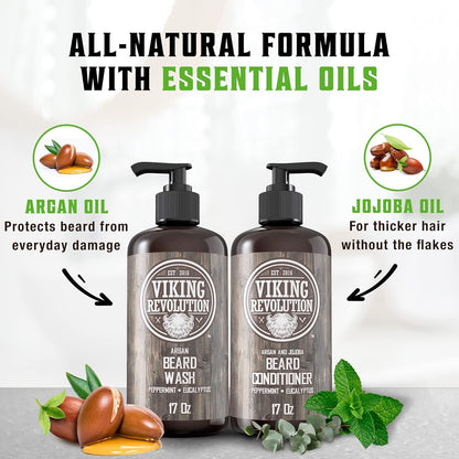 Viking Revolution Beard Shampoo & Conditioner Kit – Hydrating Beard Wash Set with Natural Beard Oil for Growth, Softness & Dandruff Relief