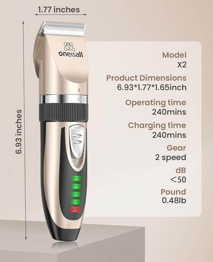 Low‑Noise Dog Clippers – 2‑Speed Rechargeable Cordless Pet Grooming Kit for Dogs & Cats (Gold)