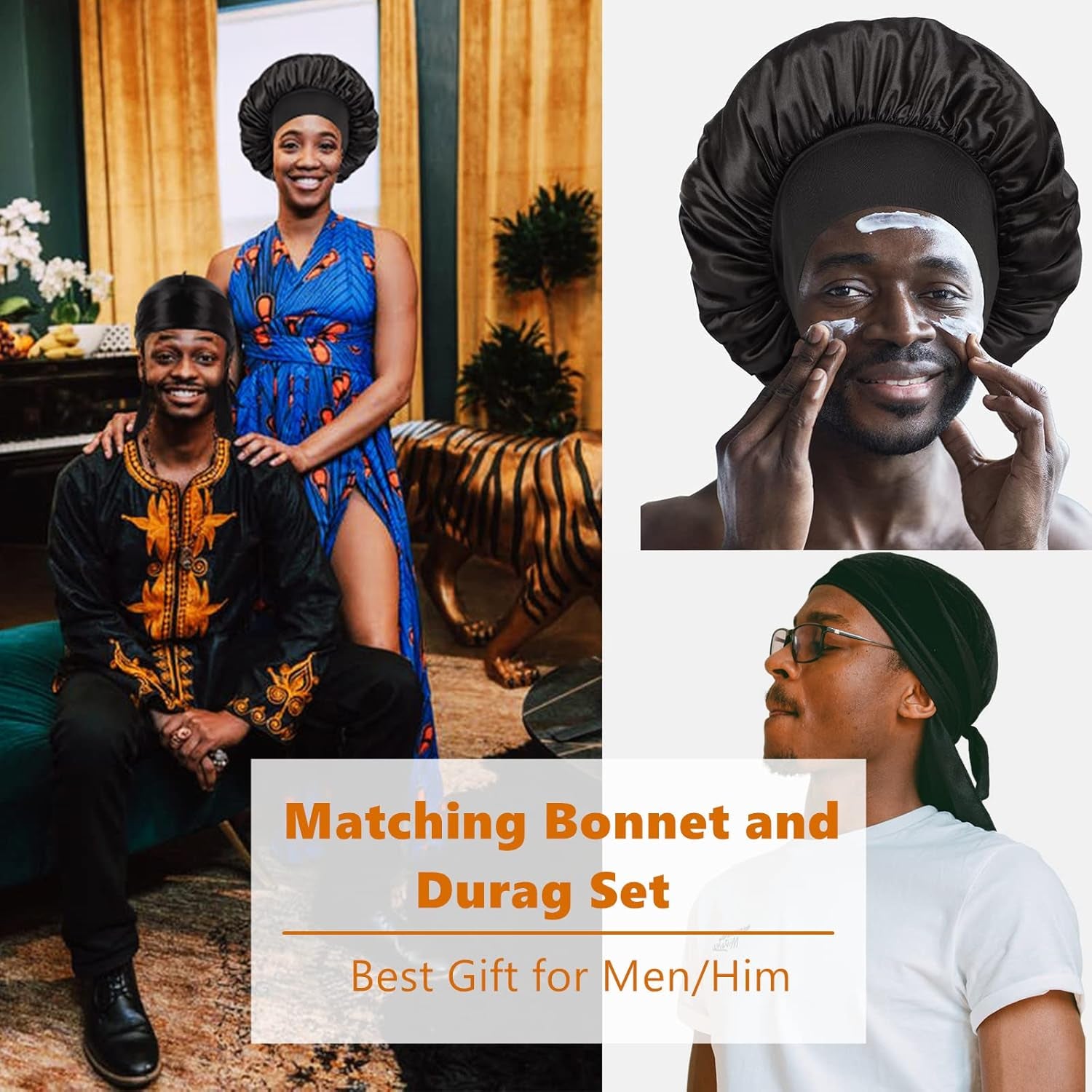 2‑Piece Matching Black Durag & Bonnet Set – Couples Hair Protection, Silky Compression & Nighttime Comfort