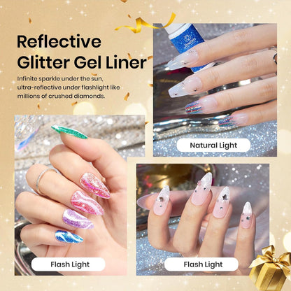 12‑Color Reflective Gel Liner Nail Polish Set – Diamond Glitter, Fine Brush Art Gel for Lines, French Tips & Designs