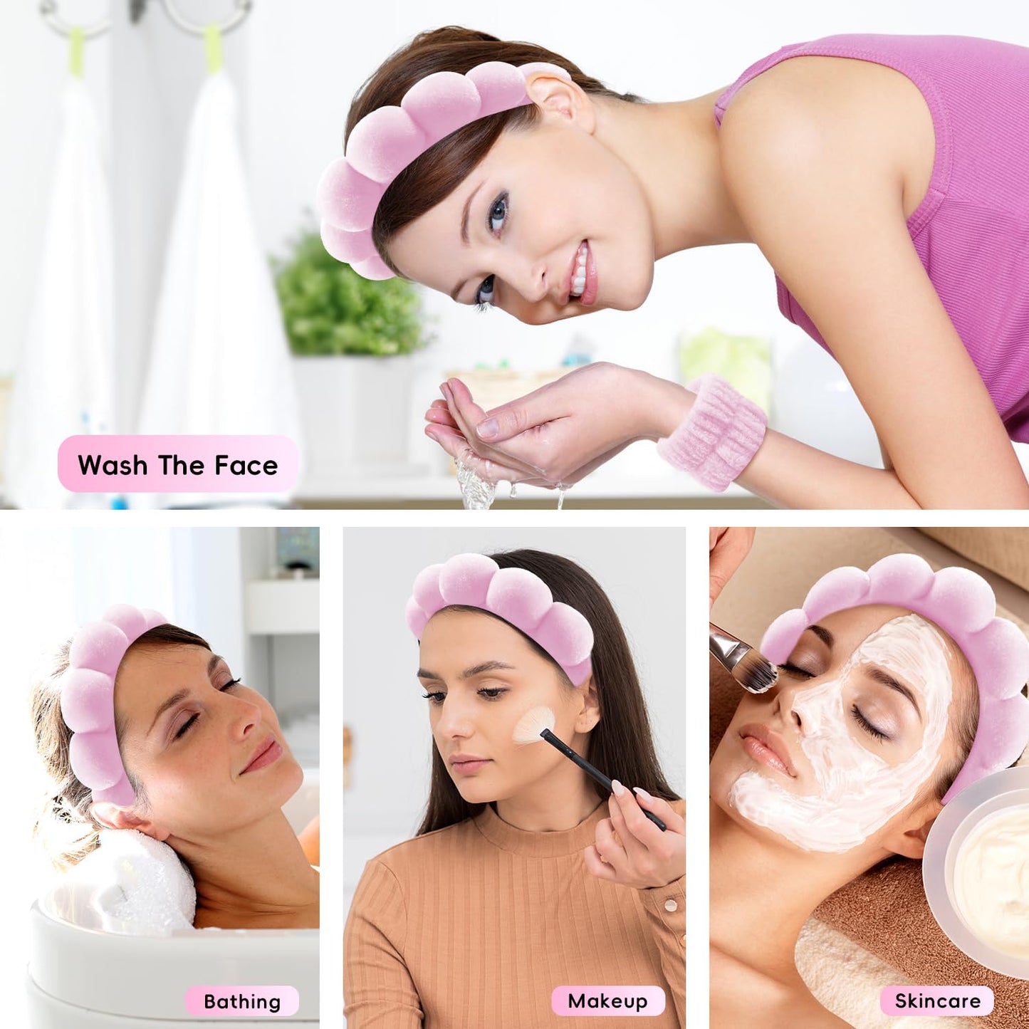Spa Headband & Wristband Set for Washing Face – Soft Puffy Velvet Skincare Headband with Cute Hair Clips for Women & Girls, Makeup and Beauty Routine Accessory (Pink)