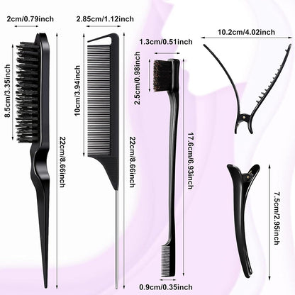 12‑Piece Hair Styling Tool Set – Double‑Sided Edge Brushes, Teasing Brushes, Rat Tail Combs & Duckbill Clips for Edges, Parting & Salon Styling