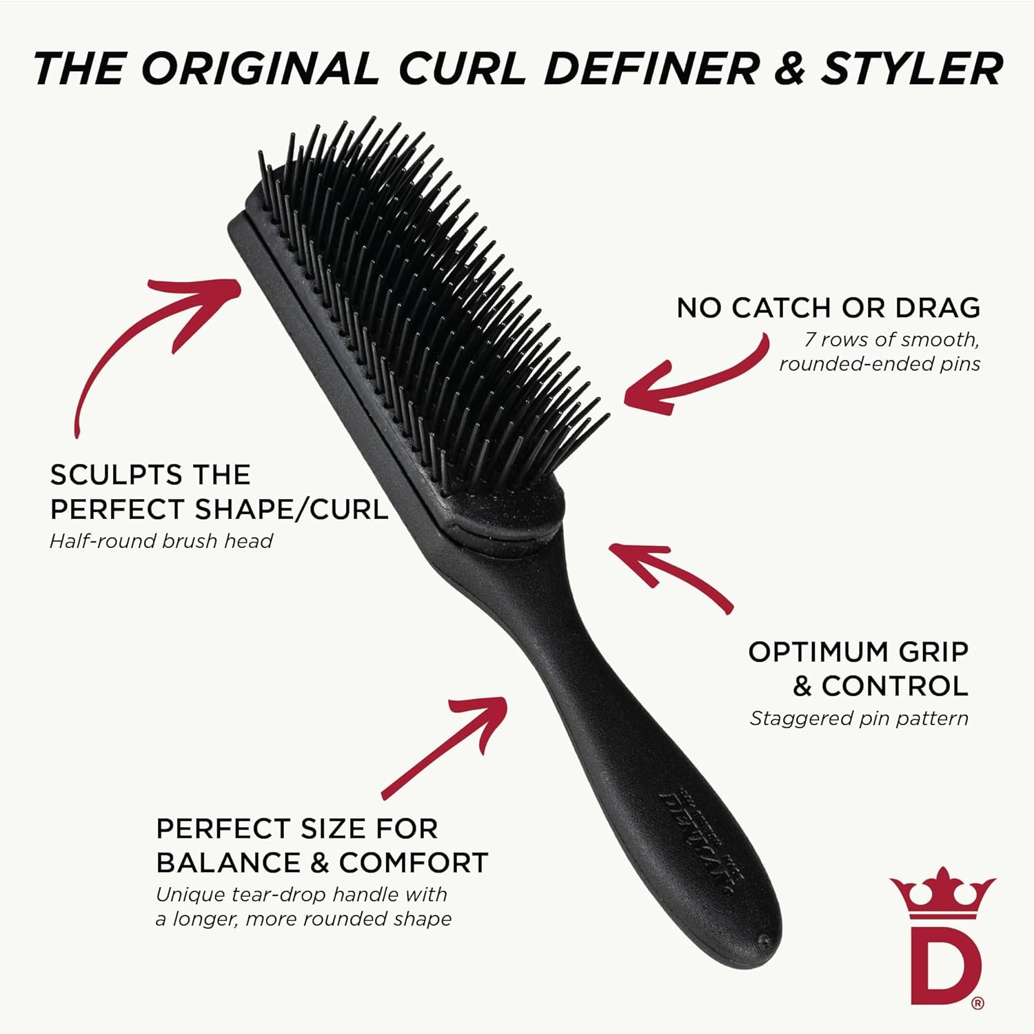 D3 Original Curl Definer & Styler – 7‑Row Detangling Brush for Curly Hair, Smooth Curl‑Defining Brush for Women & Men, Precision Styling Brush for Straight Hair