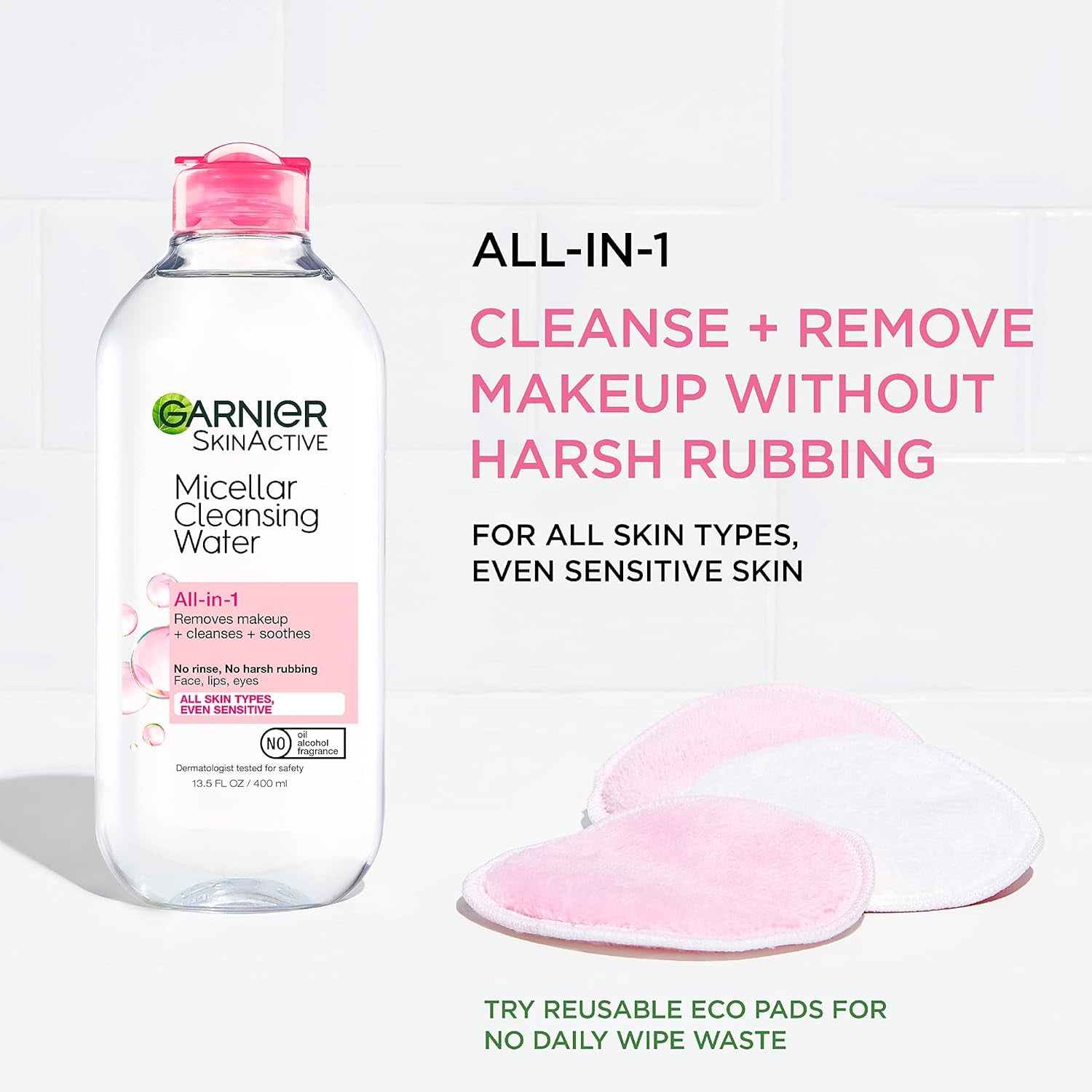 Micellar Cleansing Water Duo – All‑Skin‑Types Makeup Remover (13.5oz) + Waterproof Makeup Micellar Cleanser (3.4oz), Gentle, Hydrating, No‑Rinse Formula