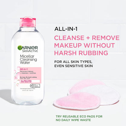 Micellar Cleansing Water Duo – All‑Skin‑Types Makeup Remover (13.5oz) + Waterproof Makeup Micellar Cleanser (3.4oz), Gentle, Hydrating, No‑Rinse Formula