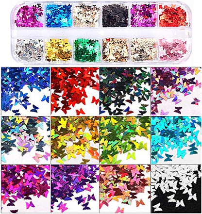 12‑Color Butterfly Nail Sequins Set – Holographic 3D Glitter for Nails, Makeup & DIY Crafts