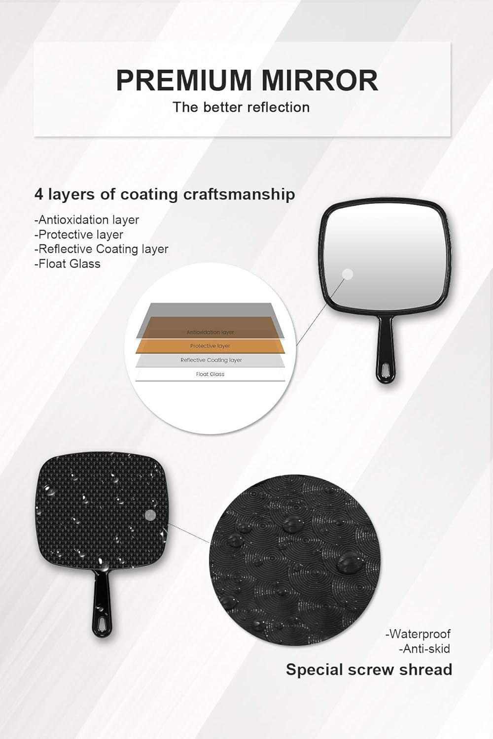 Large Handheld Mirror – 9" x 7.9" Premium Glass Salon Mirror with Waterproof Grip, Hanging Option & Travel‑Light Design