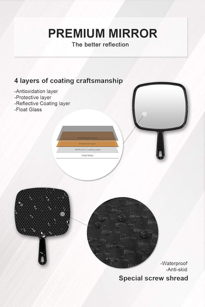 Large Handheld Mirror – 9" x 7.9" Premium Glass Salon Mirror with Waterproof Grip, Hanging Option & Travel‑Light Design