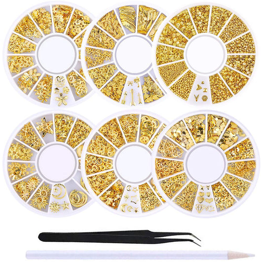 Gold Nail Charms 3D Nail Art Kit – 6 Boxes of Rose, Star, Moon, Feather Metal Studs with Tweezers & Picker Pencil, 3D Nail Jewelry Decoration Set