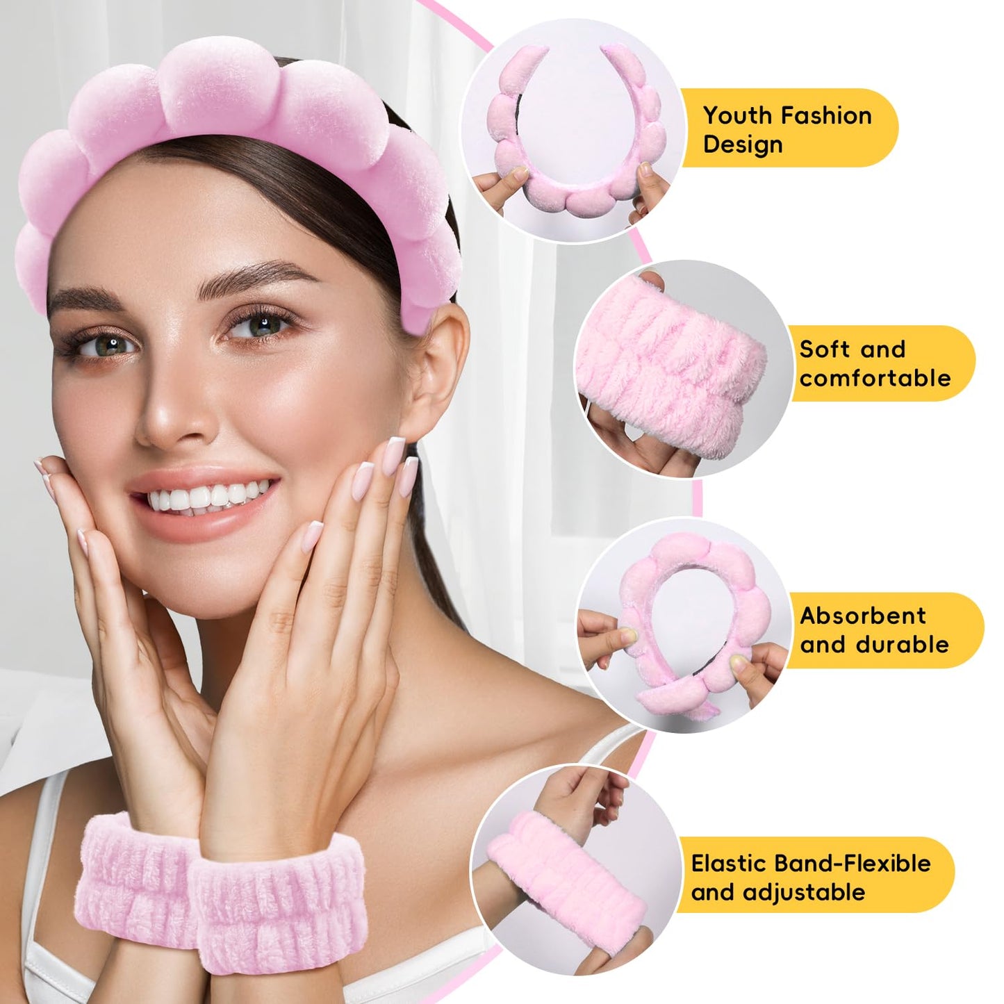 Spa Headband & Wristband Set for Washing Face – Soft Puffy Velvet Skincare Headband with Cute Hair Clips for Women & Girls, Makeup and Beauty Routine Accessory (Pink)
