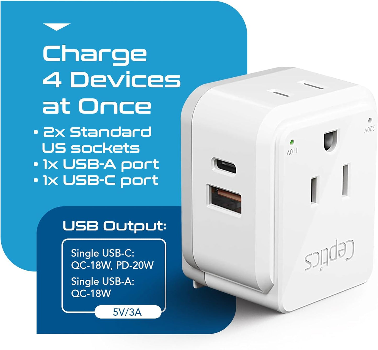 Europe Plug Adapter – 20W PD & QC Fast Charger with Dual USB + USB‑C (3.1A), 2 USA Outlets, Compact Travel Adapter with Type‑C Swadapt Attachment