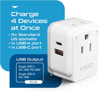 Europe Plug Adapter – 20W PD & QC Fast Charger with Dual USB + USB‑C (3.1A), 2 USA Outlets, Compact Travel Adapter with Type‑C Swadapt Attachment