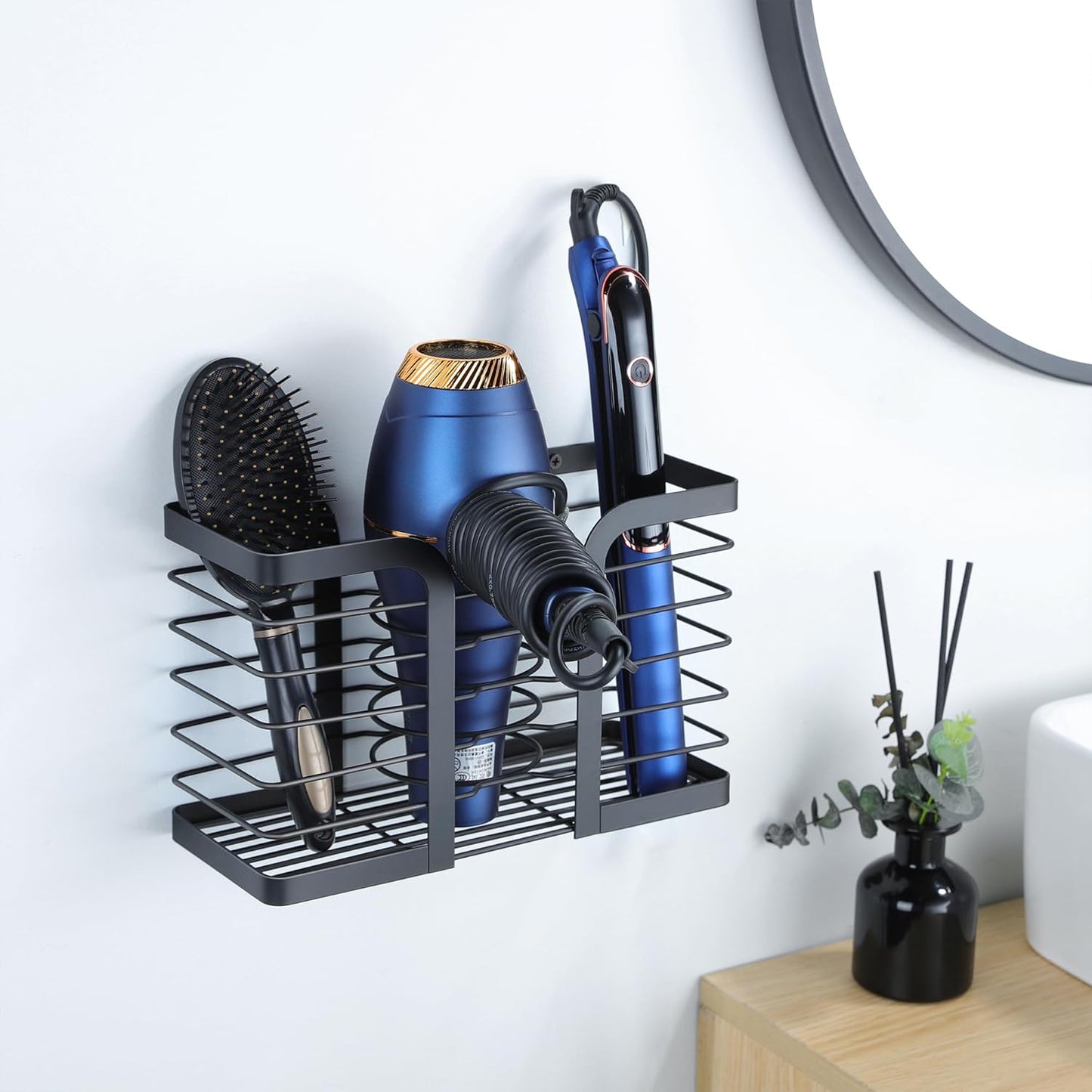 3‑in‑1 Hair Dryer Organizer – Stainless Steel Over‑Cabinet or Countertop Holder with Adjustable Height, Large Capacity Storage for Hair Tools, Brushes & Accessories