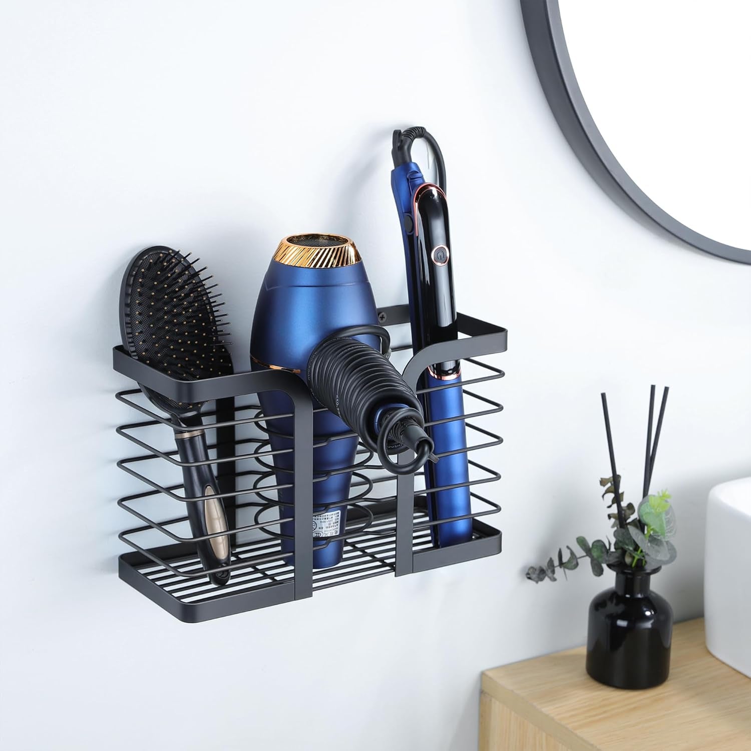 3‑in‑1 Hair Dryer Organizer – Stainless Steel Over‑Cabinet or Countertop Holder with Adjustable Height, Large Capacity Storage for Hair Tools, Brushes & Accessories