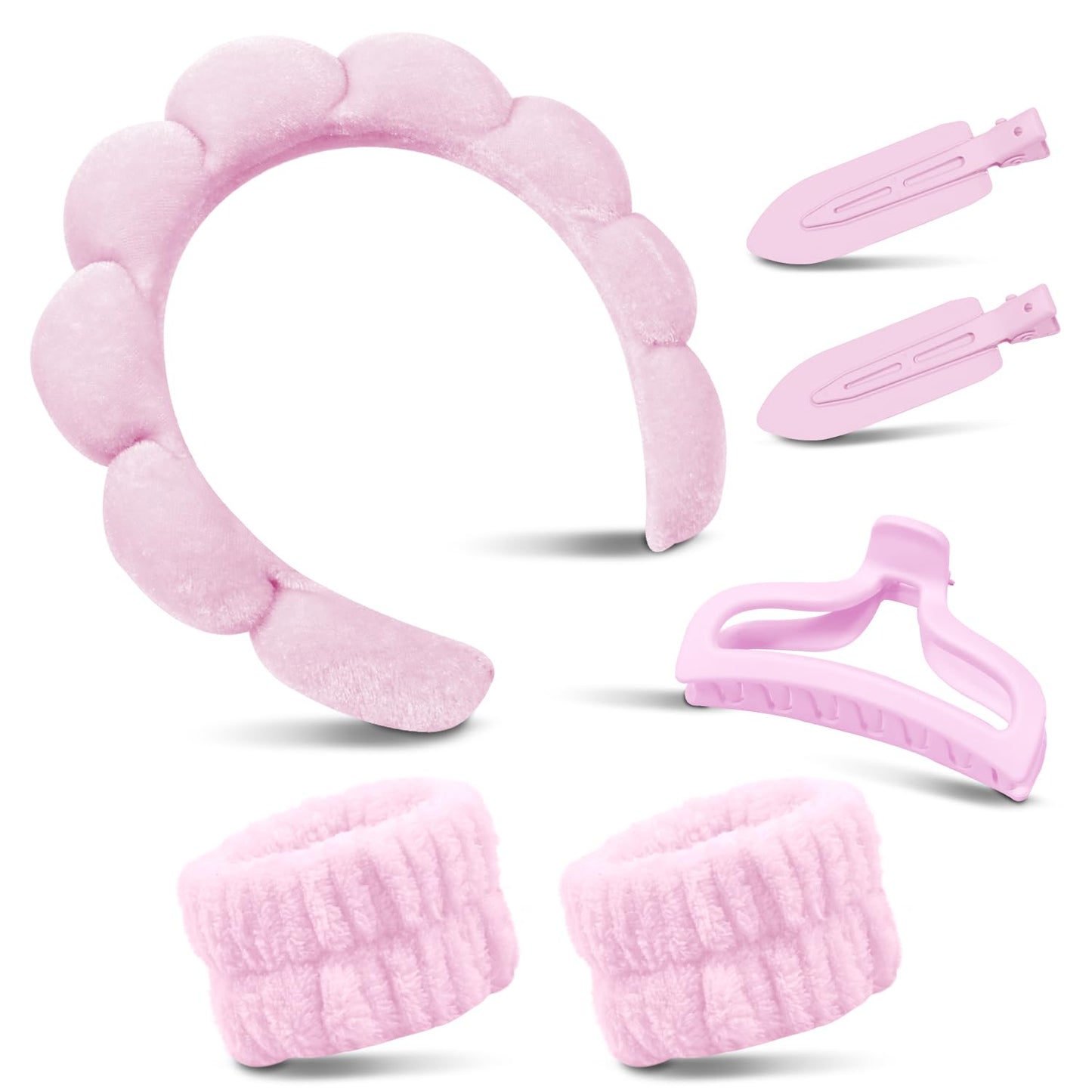 Spa Headband & Wristband Set for Washing Face – Soft Puffy Velvet Skincare Headband with Cute Hair Clips for Women & Girls, Makeup and Beauty Routine Accessory (Pink)