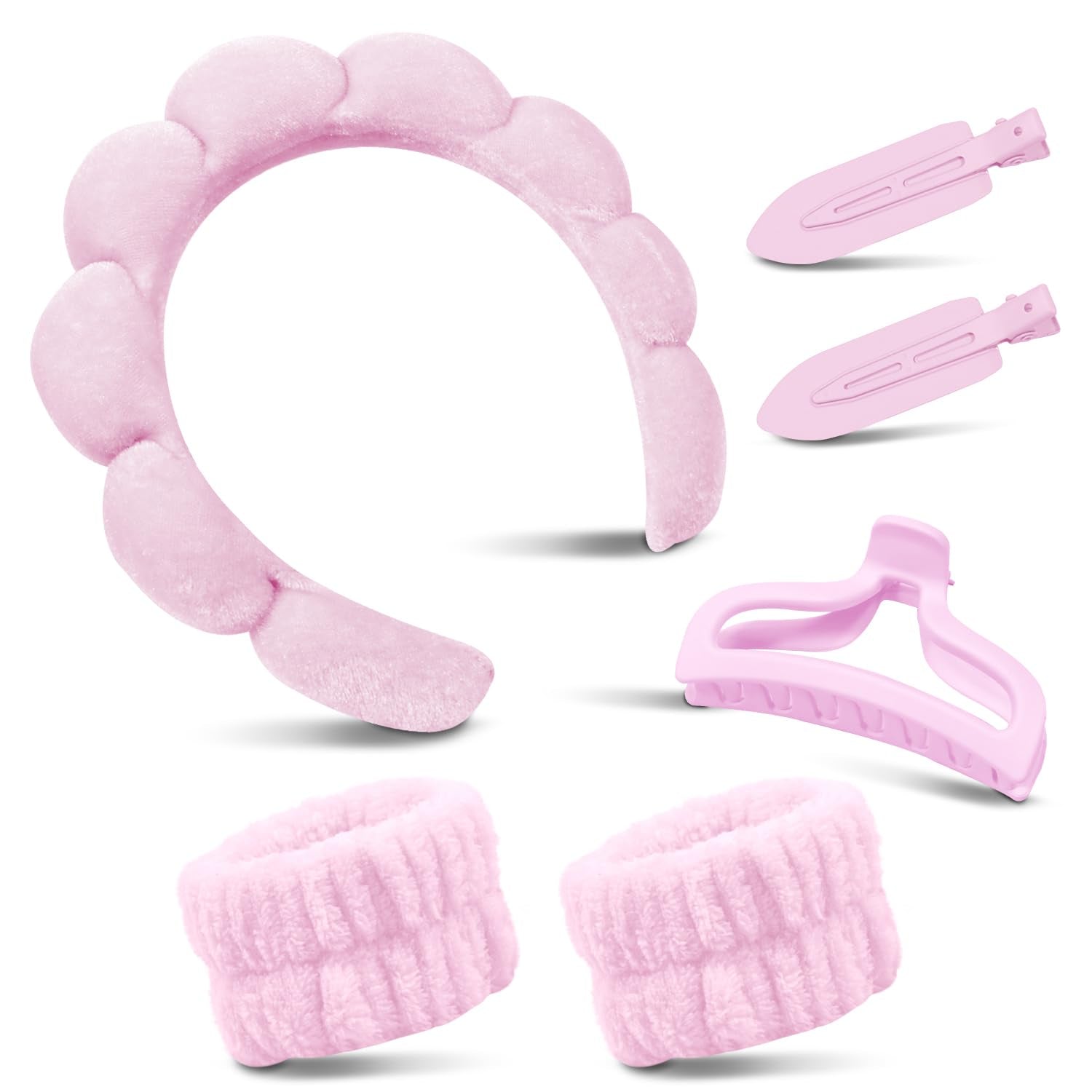 Spa Headband & Wristband Set for Washing Face – Soft Puffy Velvet Skincare Headband with Cute Hair Clips for Women & Girls, Makeup and Beauty Routine Accessory (Pink)