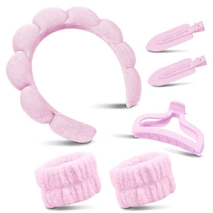 Spa Headband & Wristband Set for Washing Face – Soft Puffy Velvet Skincare Headband with Cute Hair Clips for Women & Girls, Makeup and Beauty Routine Accessory (Pink)