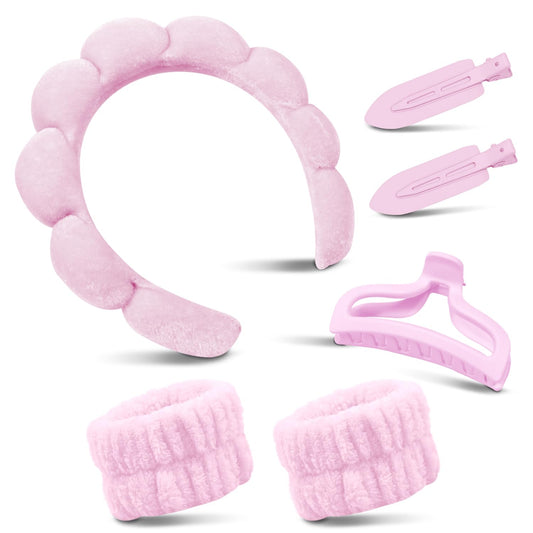 Spa Headband & Wristband Set for Washing Face – Soft Puffy Velvet Skincare Headband with Cute Hair Clips for Women & Girls, Makeup and Beauty Routine Accessory (Pink)