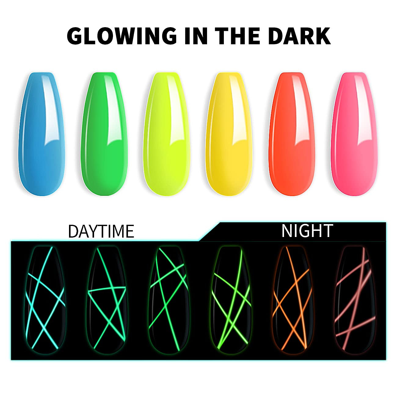 3‑in‑1 Glow‑in‑the‑Dark Gel Liner Nail Polish Set – Neon Daylight, Glow Night, Fine Art Brush (6‑Piece)