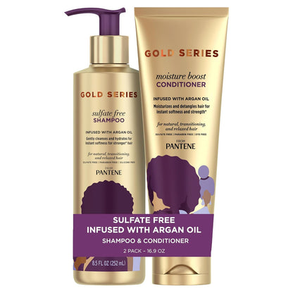 Pantene Gold Series Sulfate‑Free Shampoo & Moisture Boost Conditioner – Argan Oil Hydration Duo for Soft, Strong, Healthy‑Looking Hair